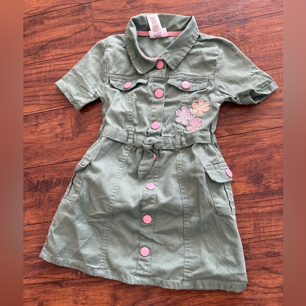 Little Lass Olive Dress with Pink Buttons and embroidered flowers | Size 6X